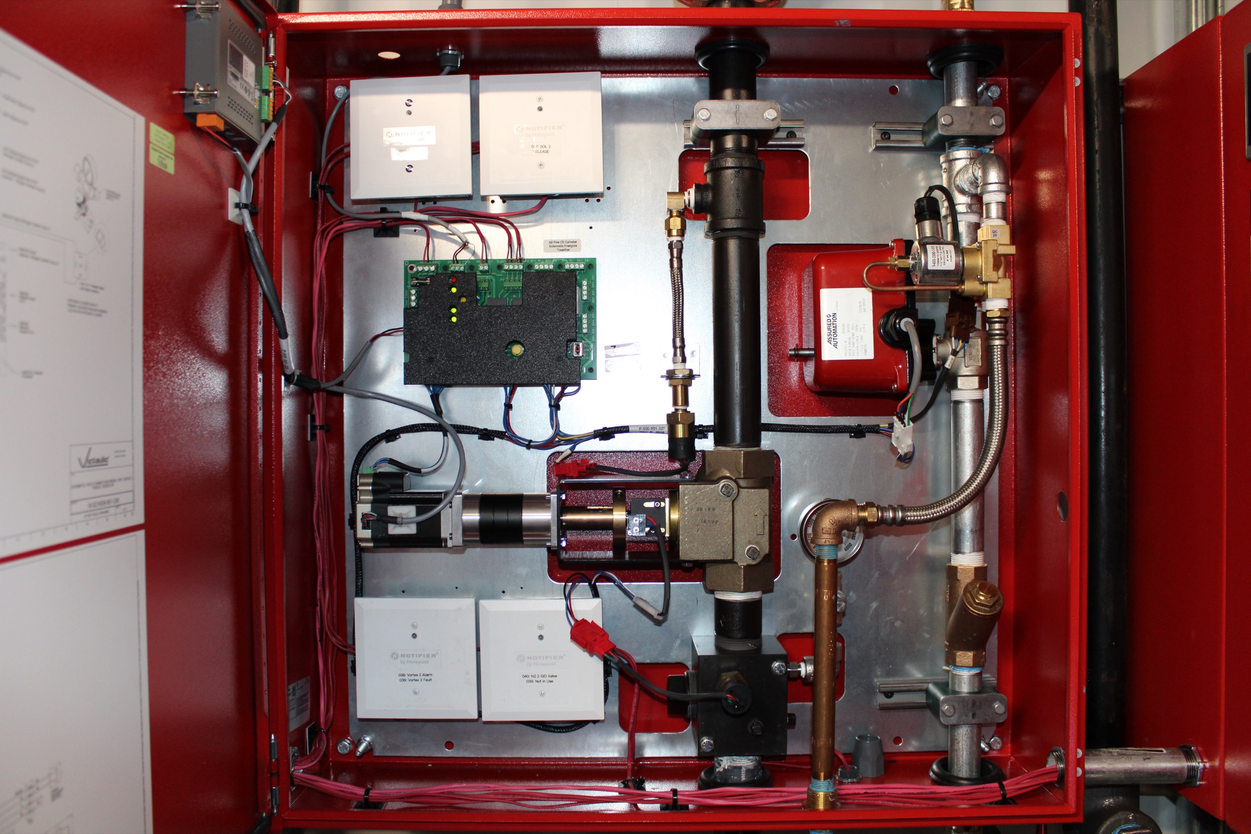 Open red fire suppression release control cabinet